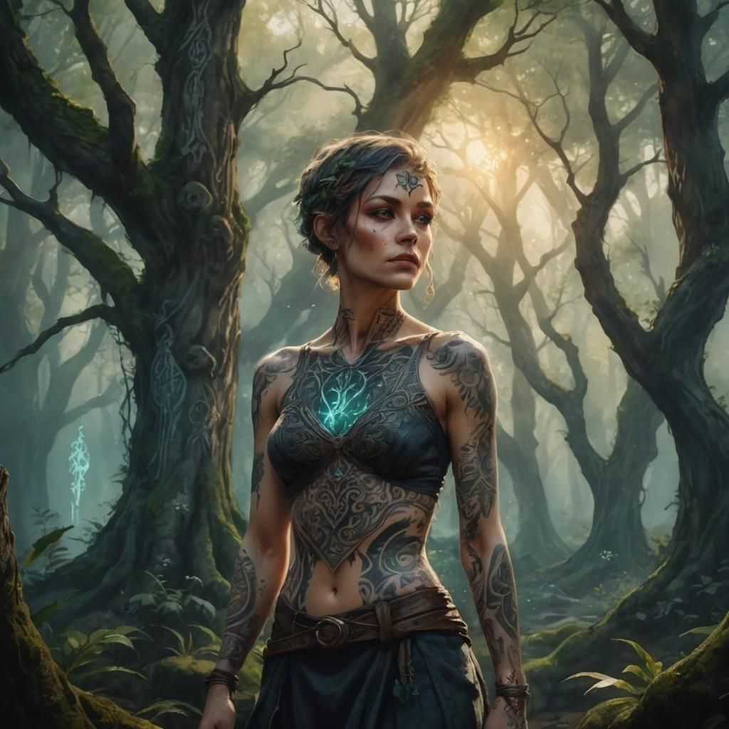 Tattooed Druid Portrait in Watercolor Style