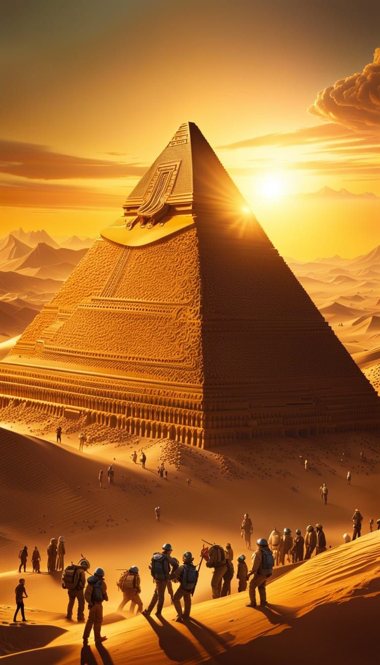 Humans and Aliens Constructing Pyramids at Golden Hour