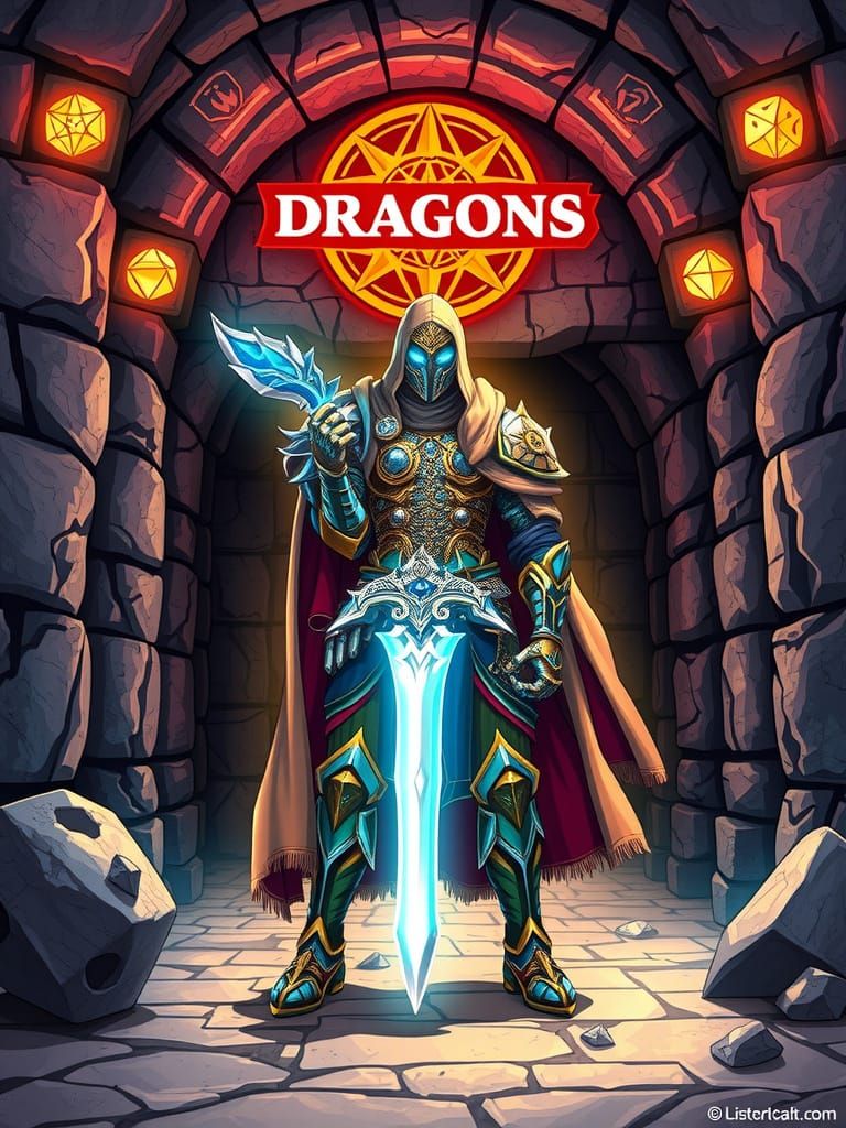 An anime-style Dungeons & Dragons-inspired character, wearing detailed fantasy armor with magical runes and a glowing we...