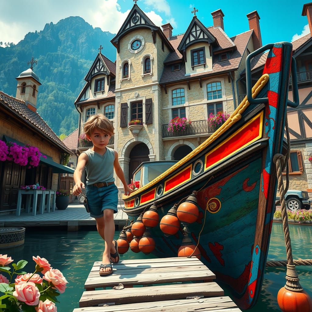 Boy Climbing Colorful Boat in Mountain Town