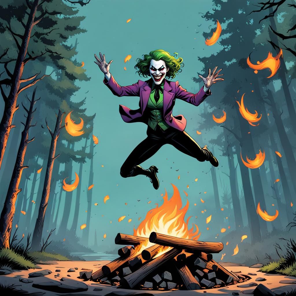 Female Joker Leaps Over Campfire