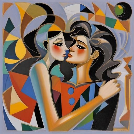 Aphrodite Kissing a Boy: Abstract Cubist Painting