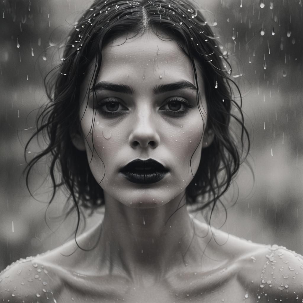 Monochromatic Portrait of Woman with Dark Hair and Water Dro...