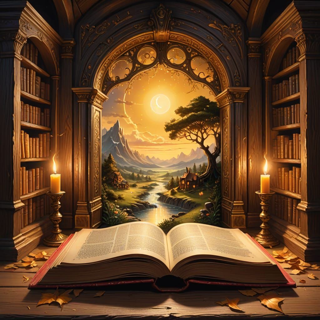 Magical Portal Revealed in Open Book: Oil Painting