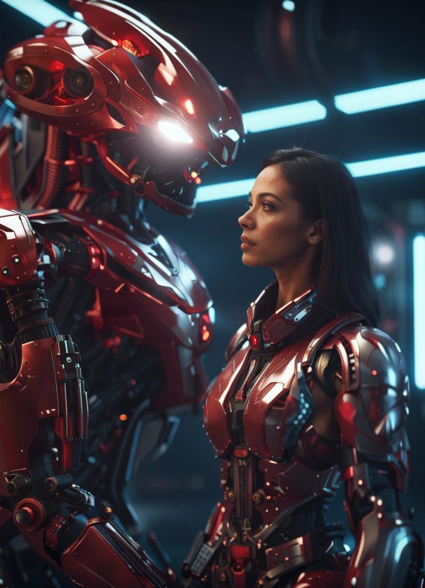 Futuristic Woman Repairs Red Robot in Spaceship
