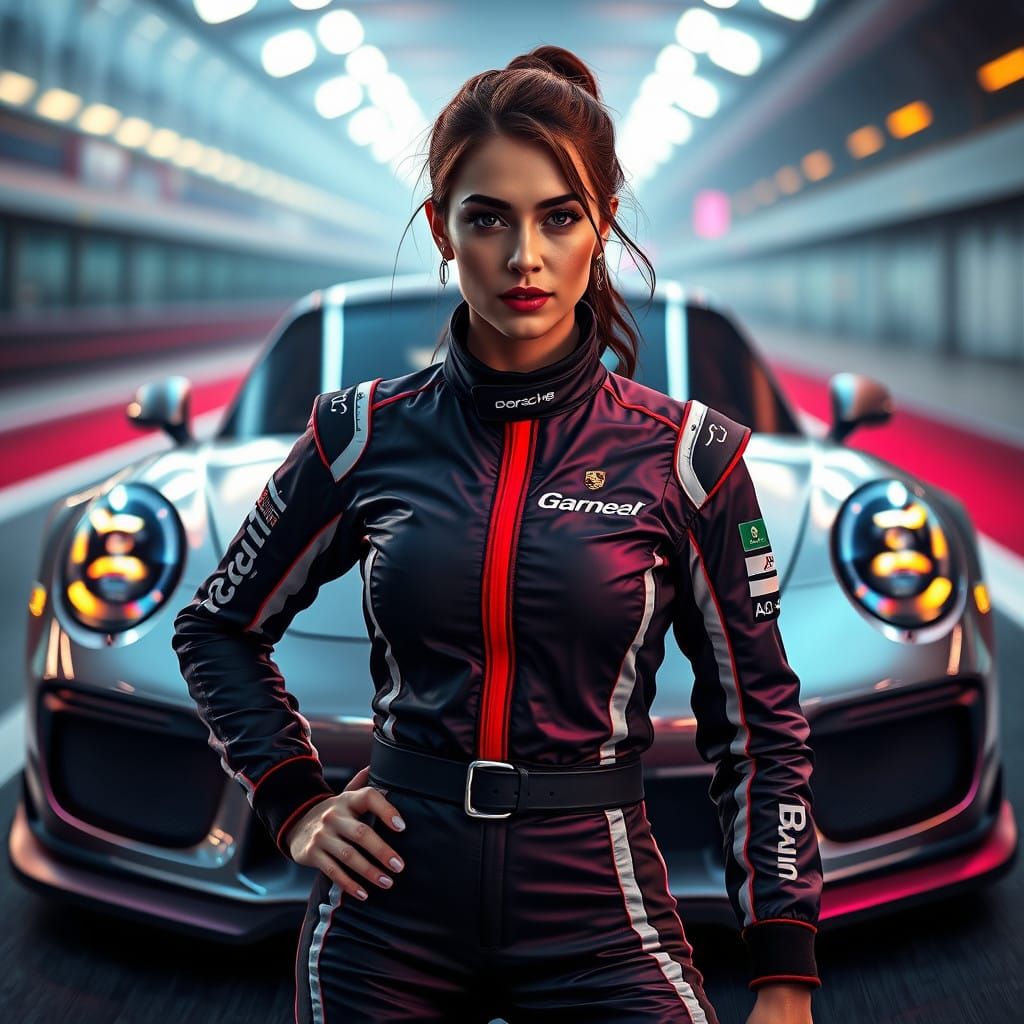 Heroic Woman Racer in Porsche, Neon Accents and Vibrant Colo...