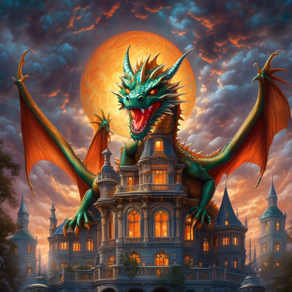 Fire Dragon on Gothic Mansion, 3D Movie Poster