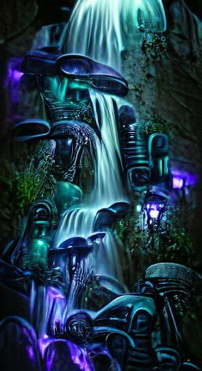 Surreal Dieselpunk Waterfall Cascades in Moonlit Cityscape