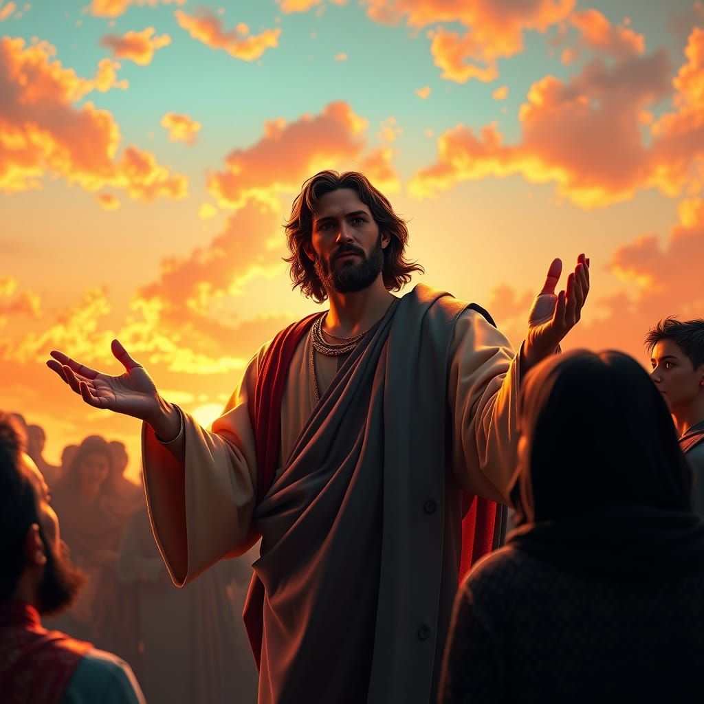 Jesus Teaches Amidst Vibrant Gradient Sky in Hyperdetailed A...