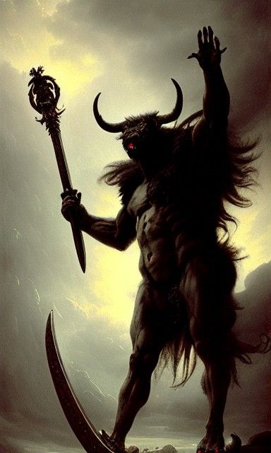 Golden Eyed Minotaur with Axe in Doré Style
