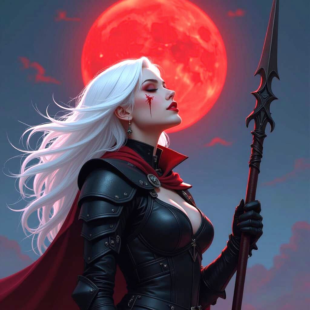 Vampire Warrior Gazes at Red Moon in Detailed Fantasy Art