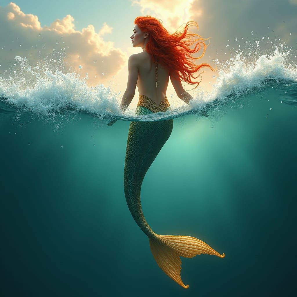 Redhead Mermaid in Colossal Wave, Dramatic Fantasy Art