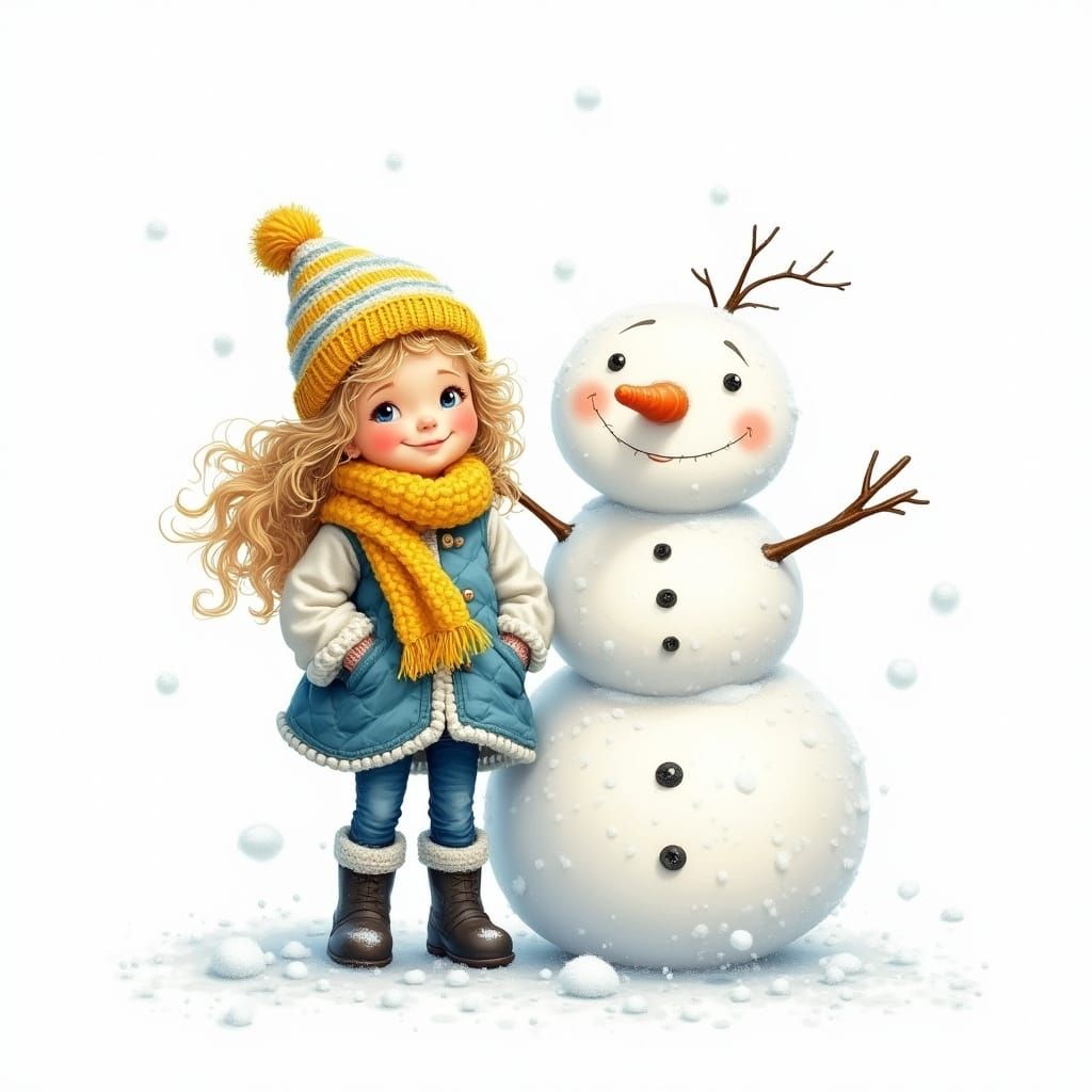 Girl with Snowman in Winter Wonderland