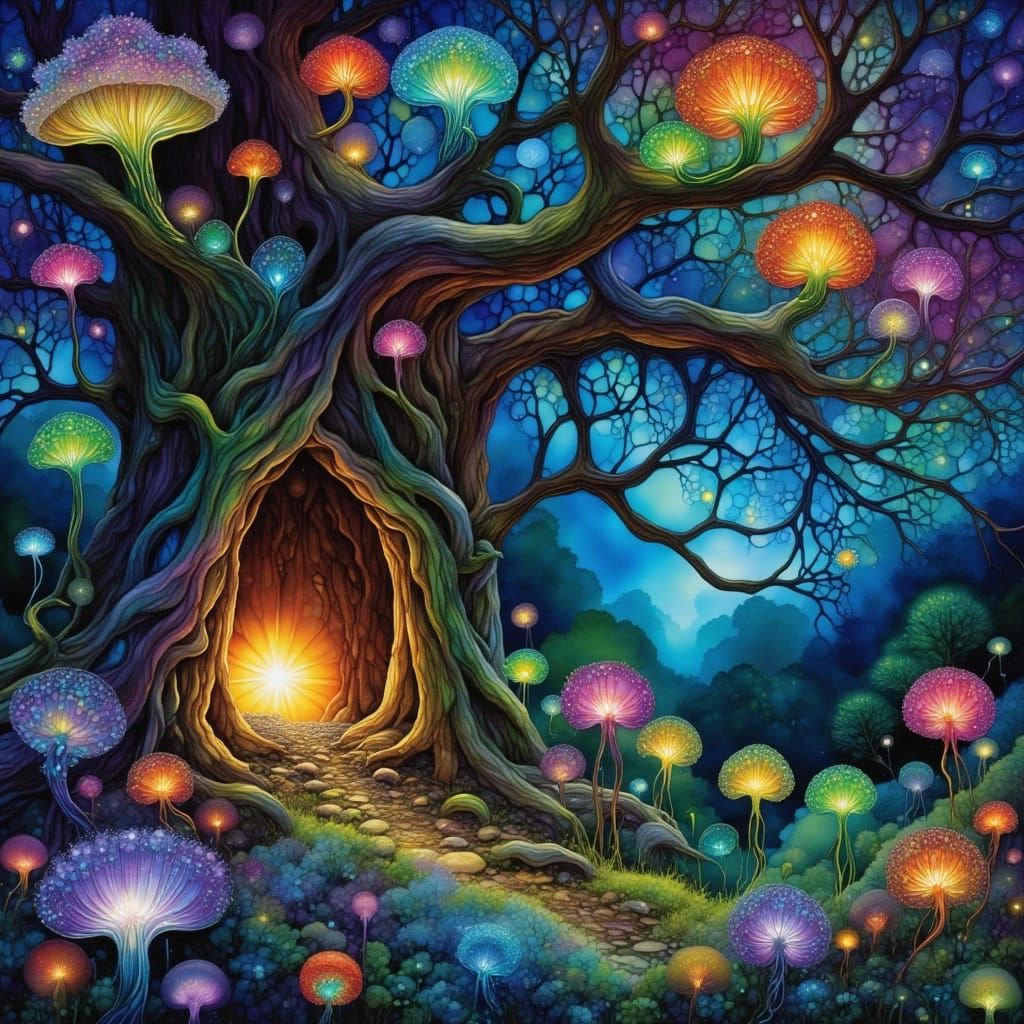 Hidden Ecosystem in Ancient Oak Tree with Bioluminescent Fun...