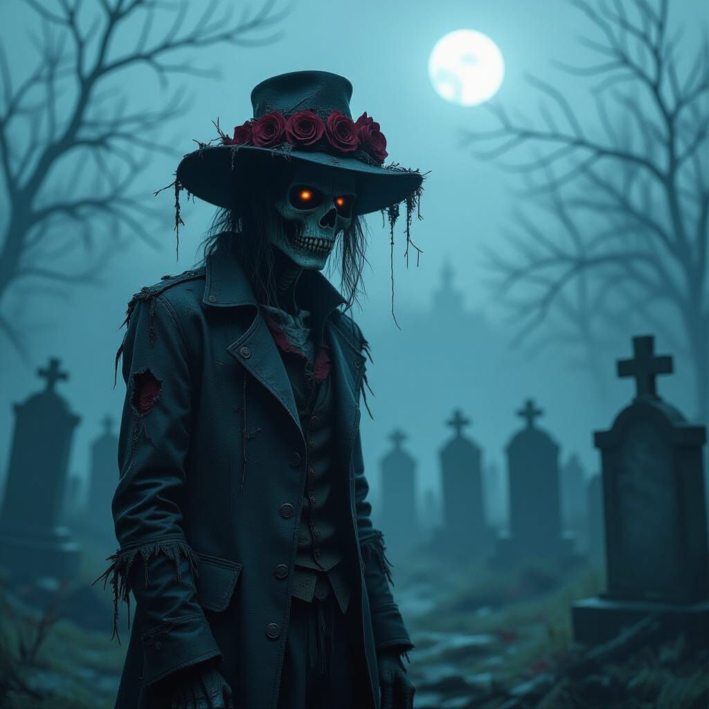 Gothic Zombie in Foggy Graveyard with Rose Hat
