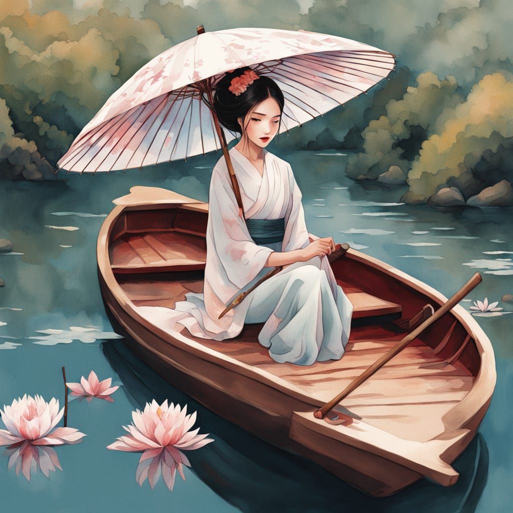 Ethereal Japanese Woman in Serene Floral Boat Scene