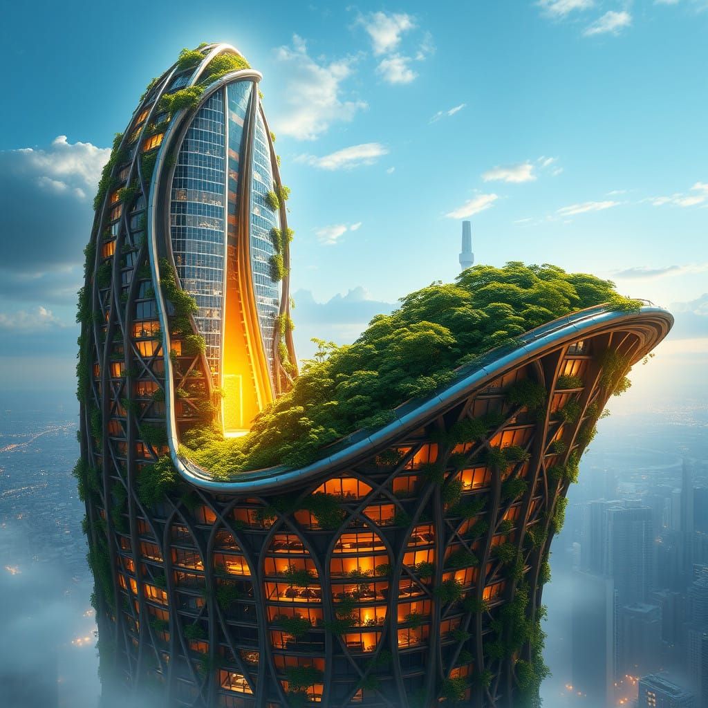Solarpunk architecture high-rise