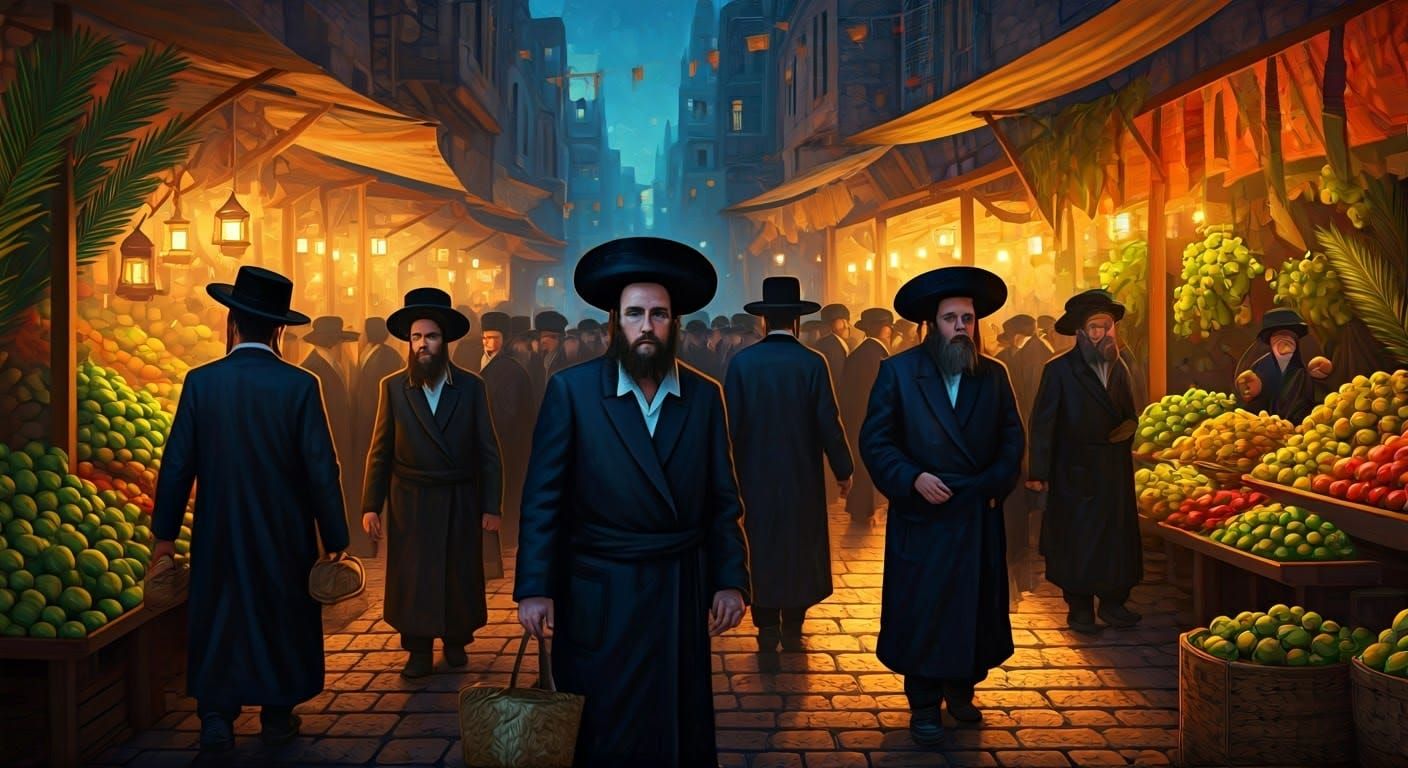 Ultra-Orthodox Men Prepare for Sukkot: Folk Art Style