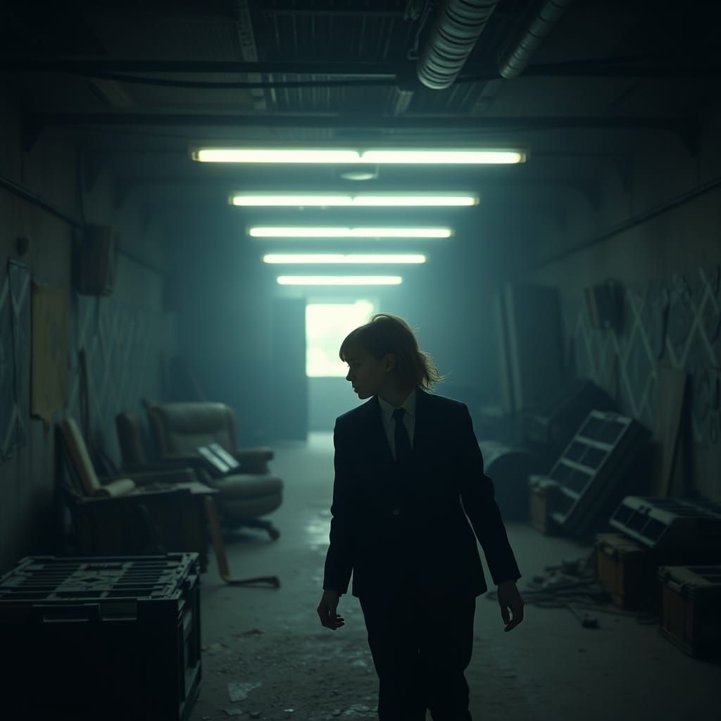 Teenage Girl Navigating Dystopian Industrial Interior