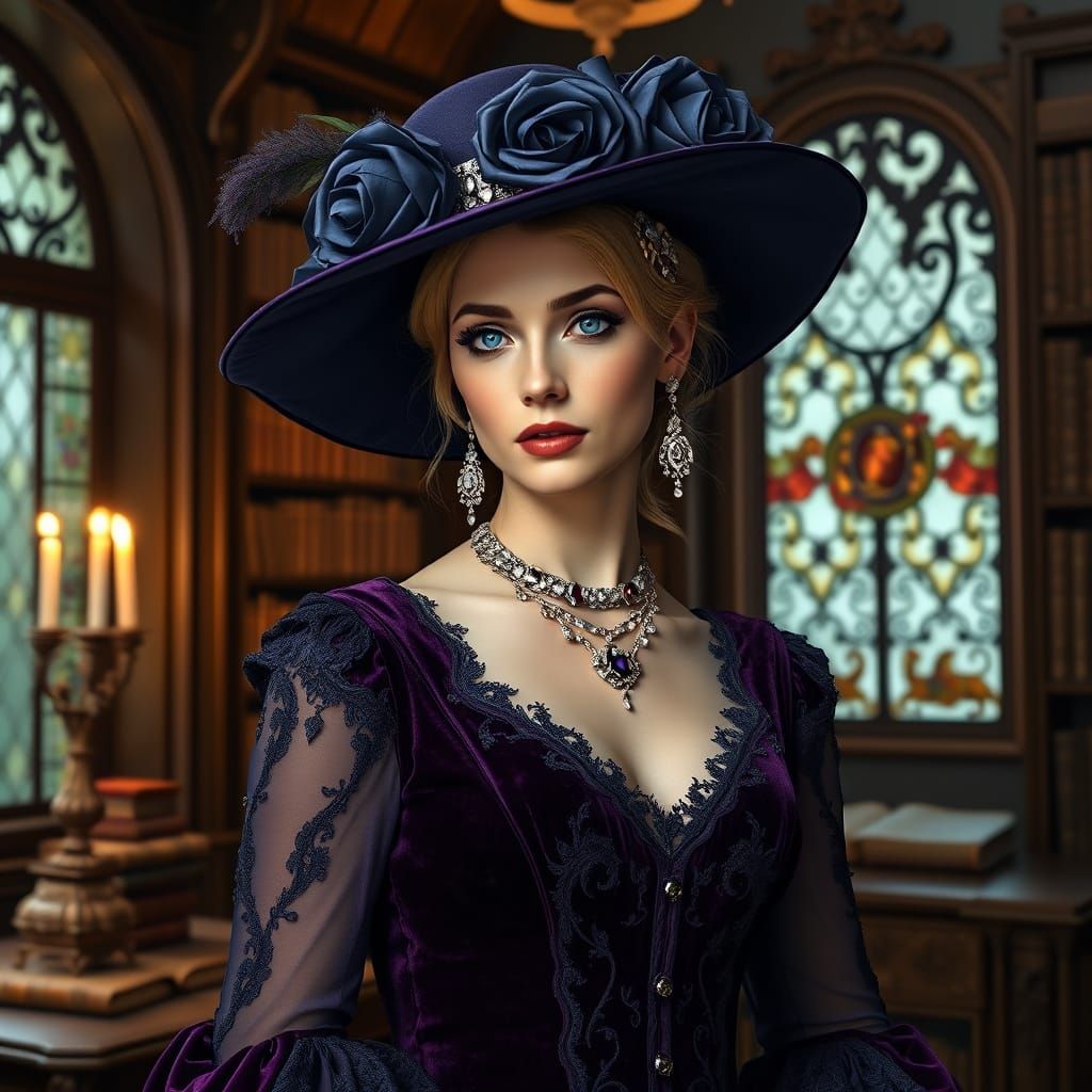 A dramatic, fine art portrait of a regal caucasic woman with blond hair and blue eyes. She is elegantly posed within a s...