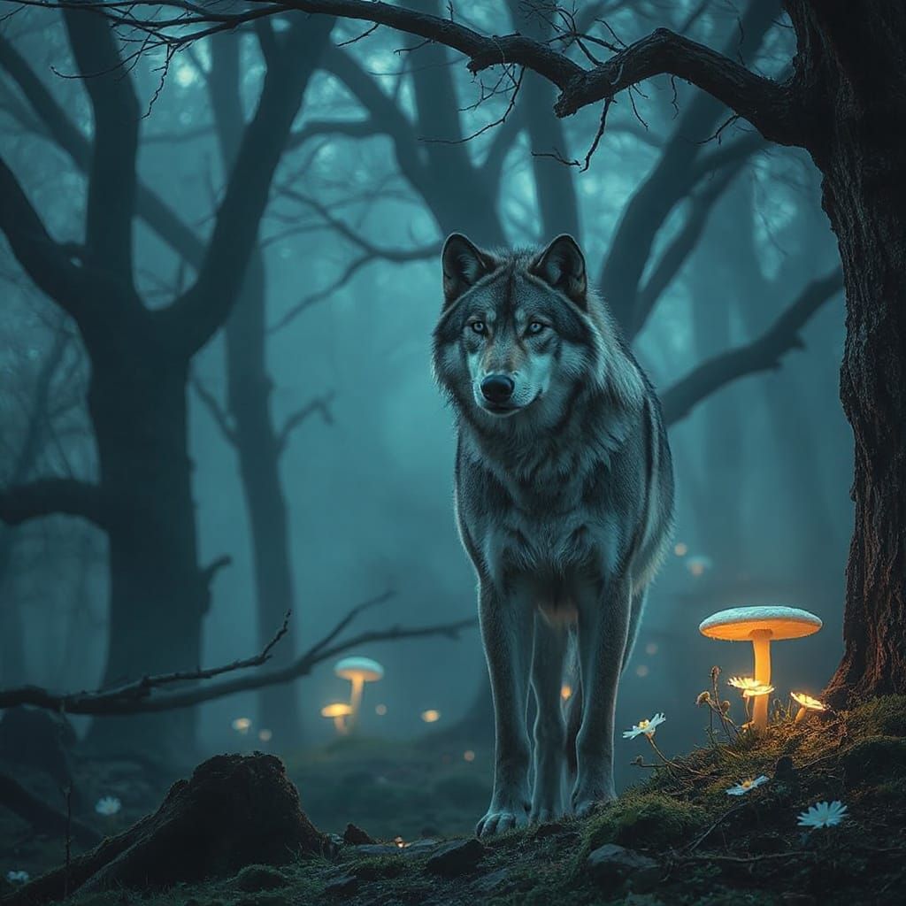 Twilight Forest Clearing with Glowing Fungi and Lone Wolf