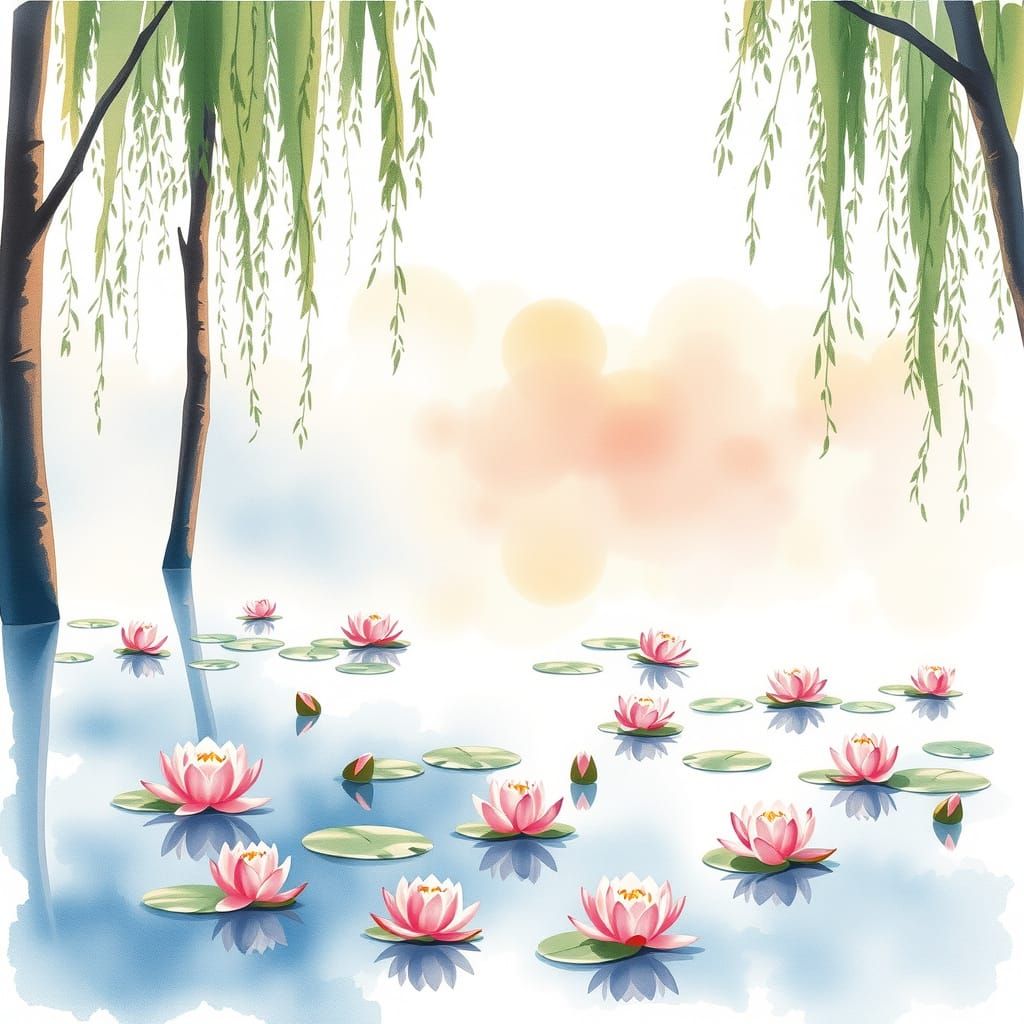 Tranquil Water Lily Pond at Dawn Watercolour Painting