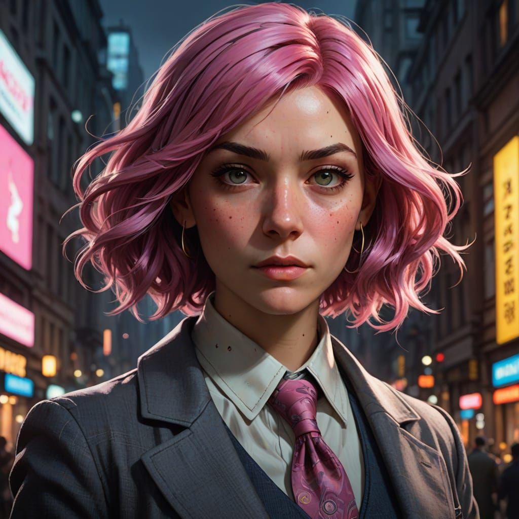 Intelligent Pink-Haired Detective in Dynamic Portrait