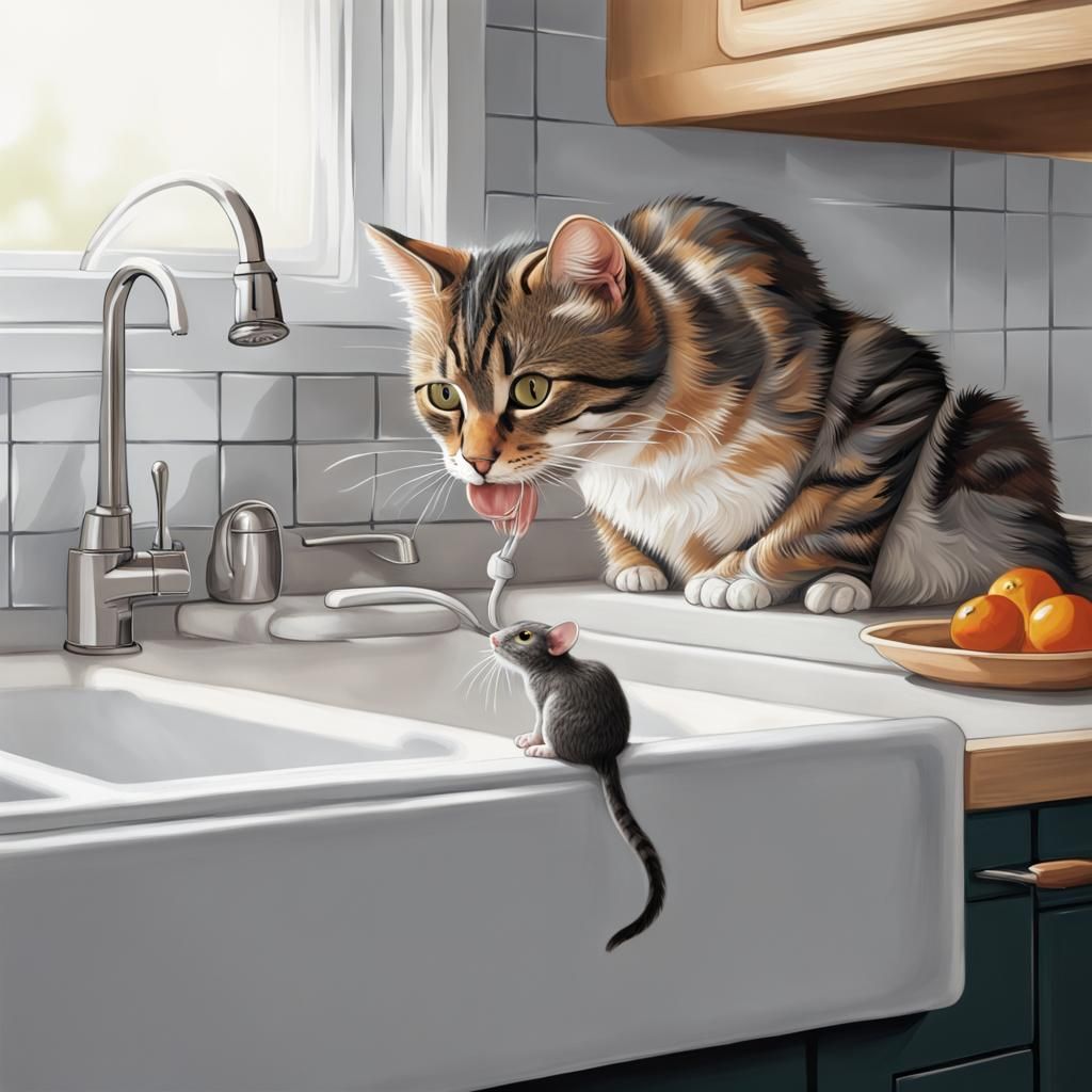 Hyperdetailed Acrylic Art of Cat with Mouse