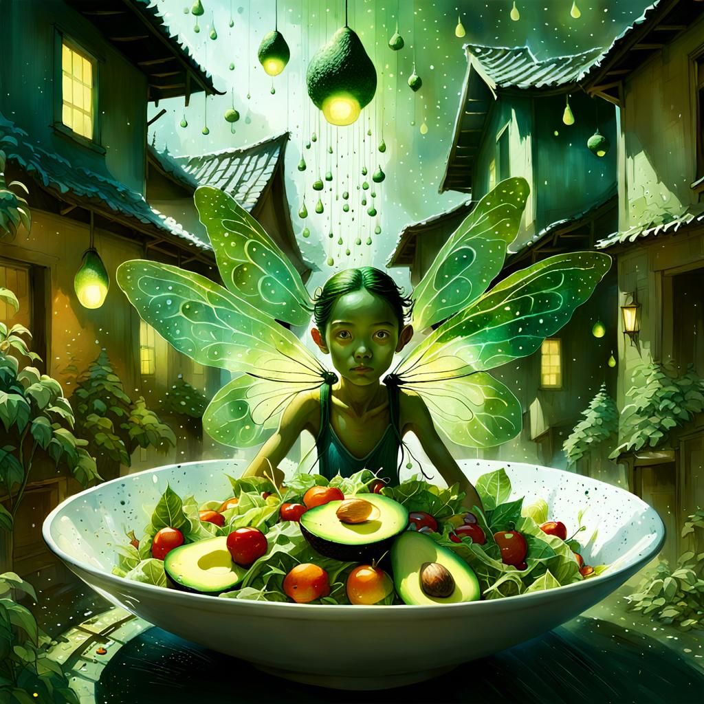Anthropomorphic Avocado Fairies in Salad Village
