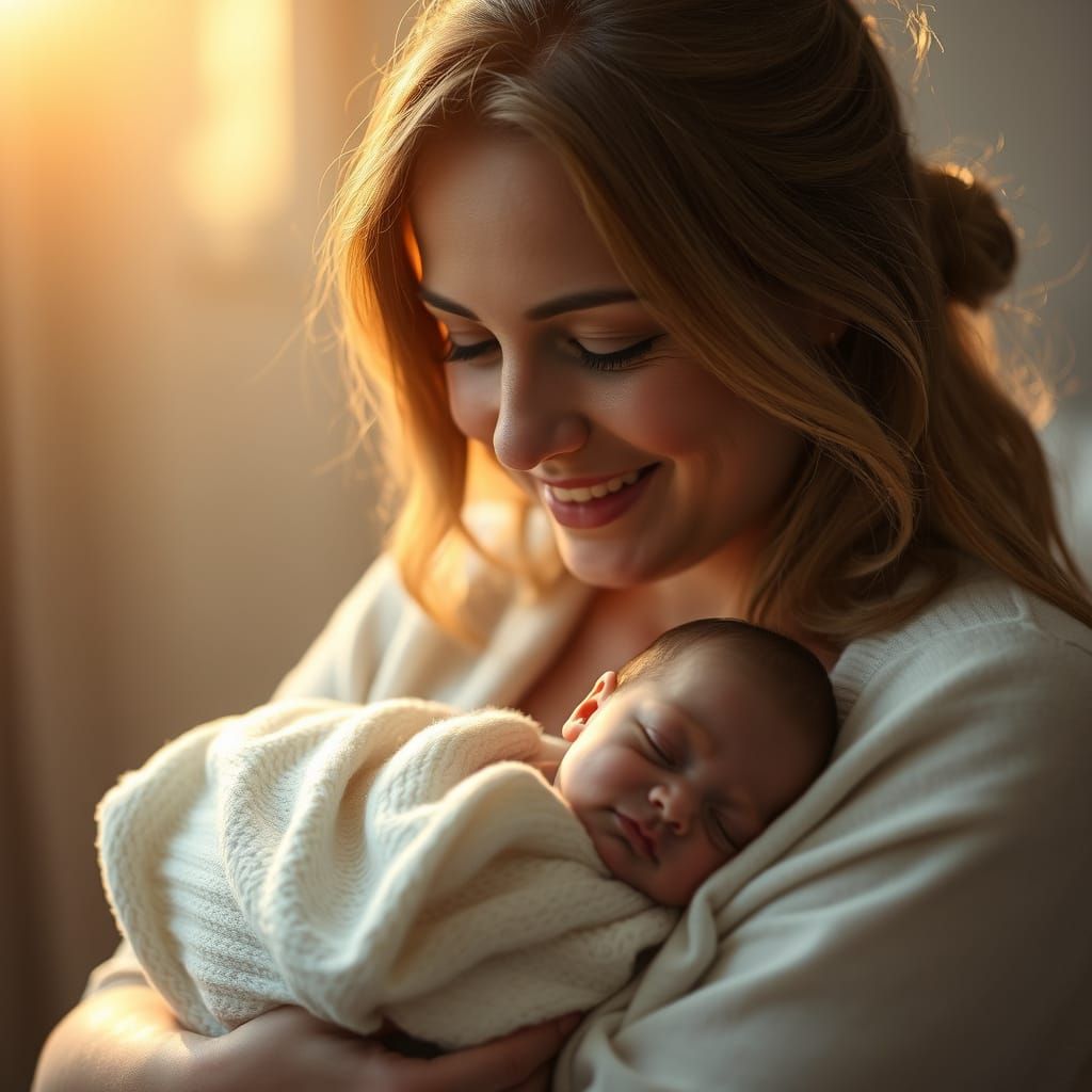 Tender Portrait of Woman Holding Newborn Baby in Warm Light