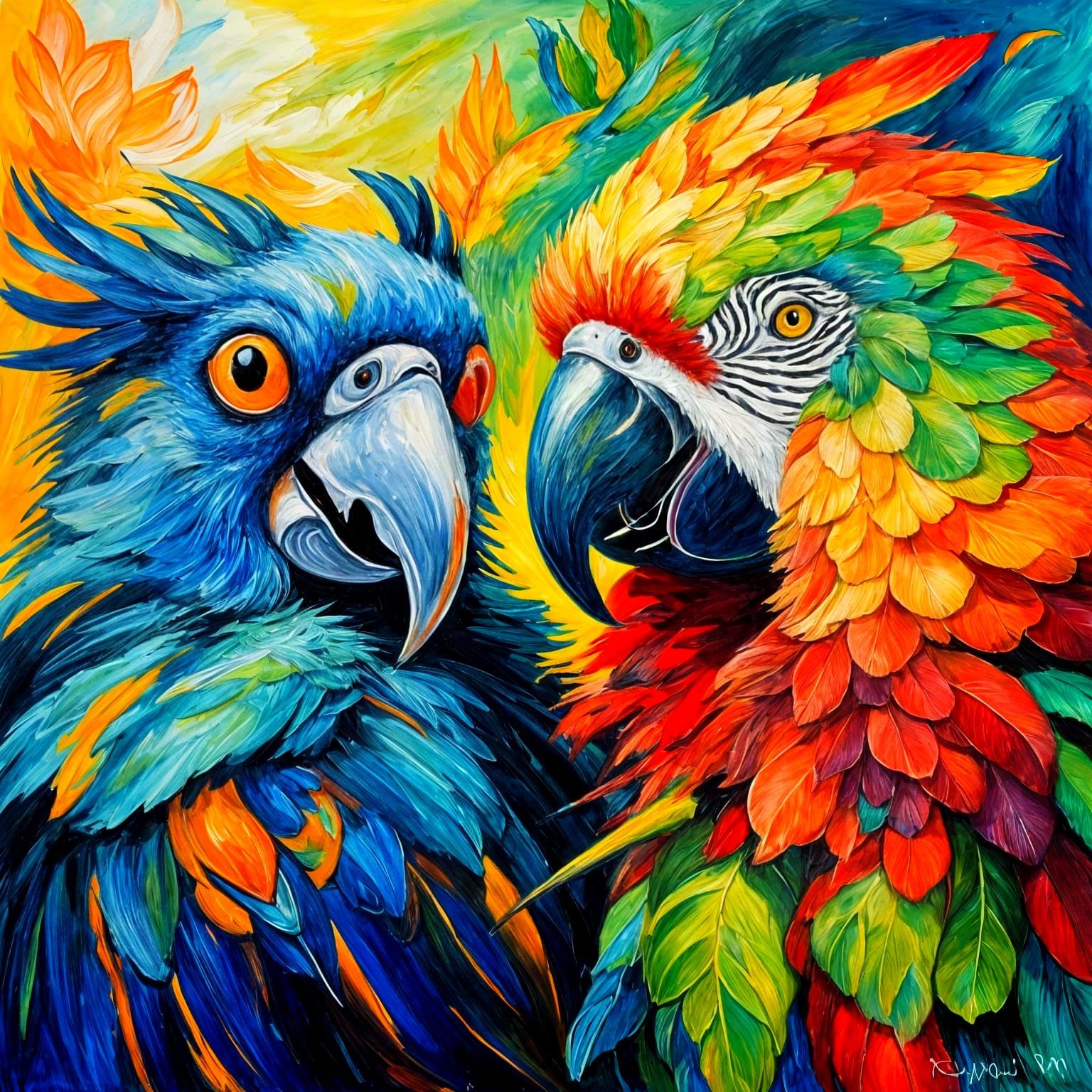 Joyful Cat and Parrot Oil Painting