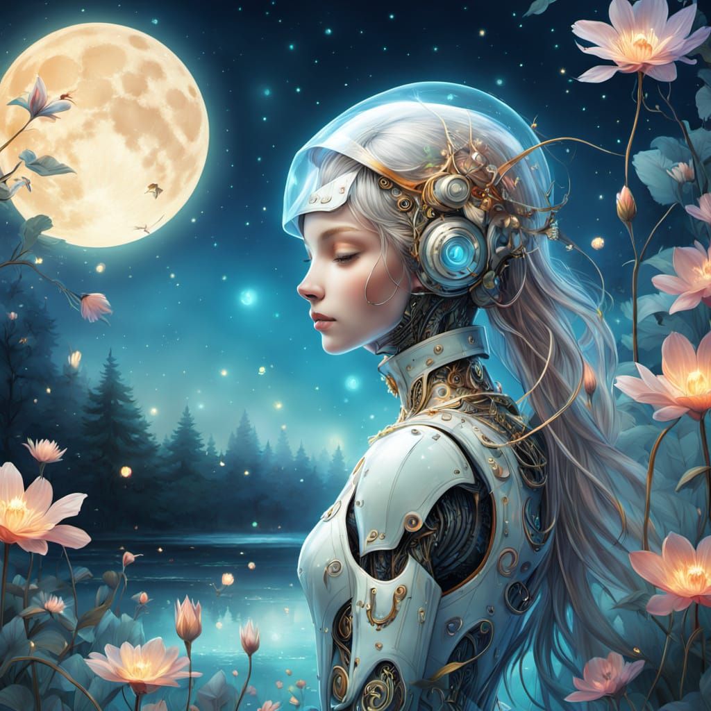 Whimsical Robot in Dreamy Glow Garden