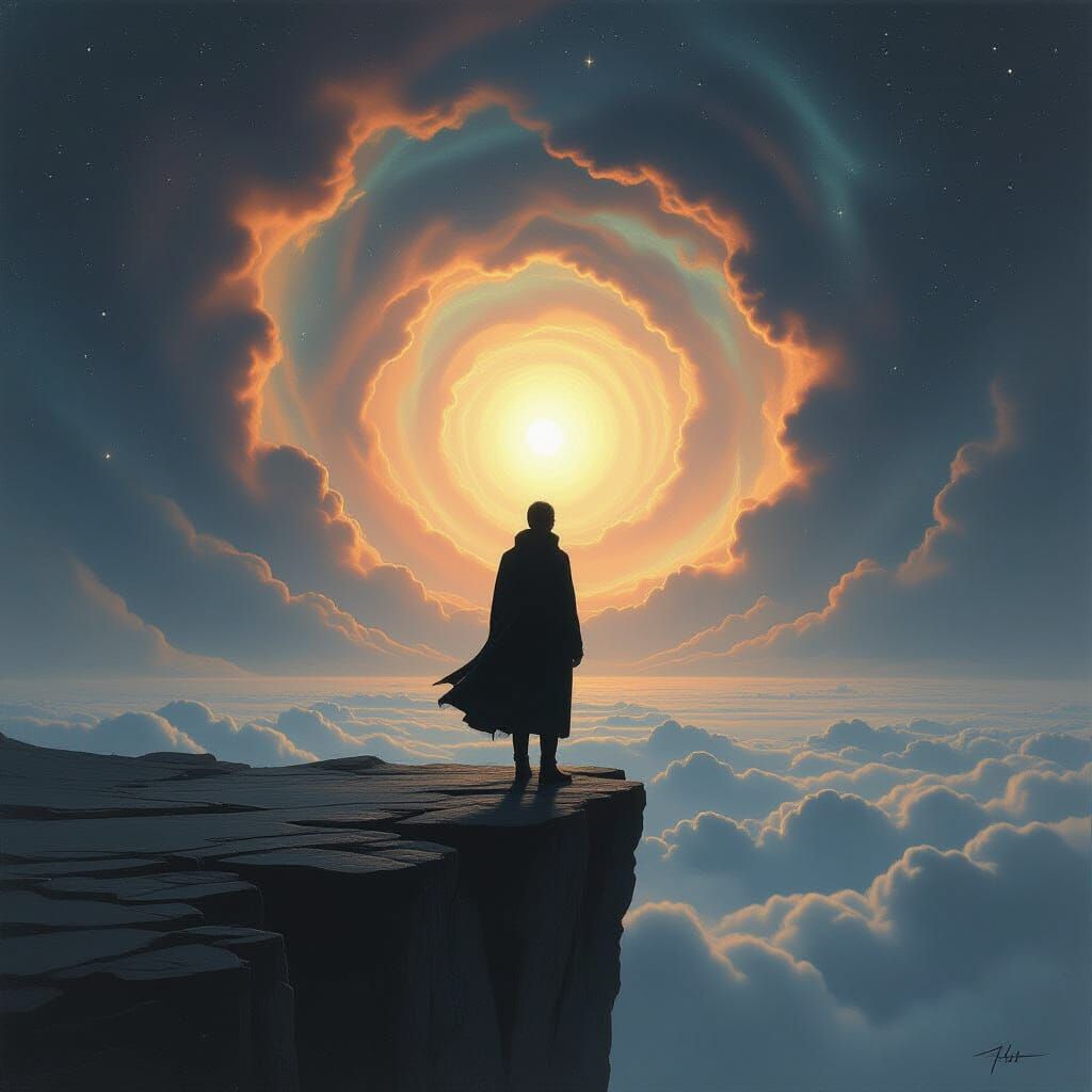 Figure Hesitates at Cosmic Void Edge in Surreal Style