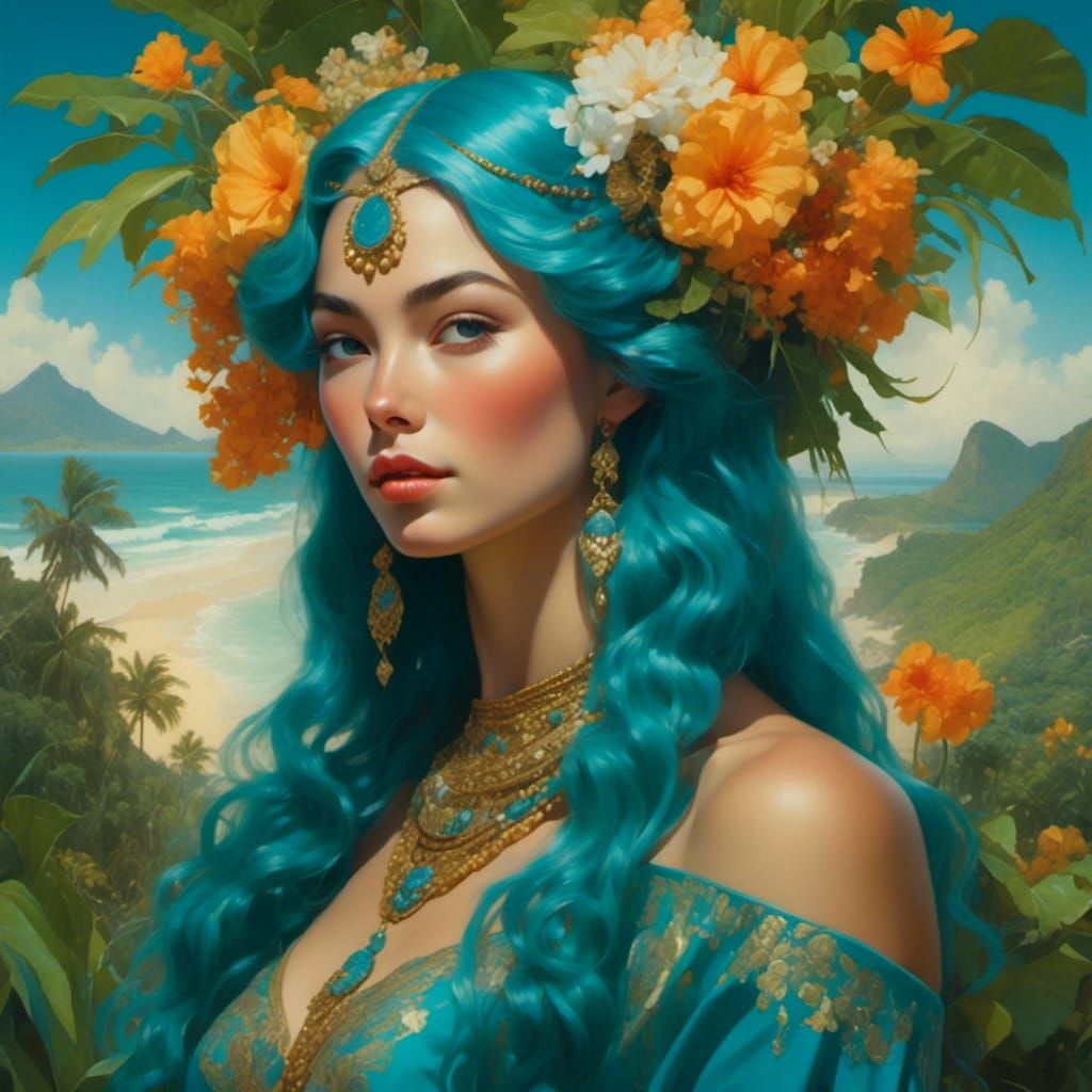 Mystical Irish-Polynesian Woman Portrait in Gouache Style