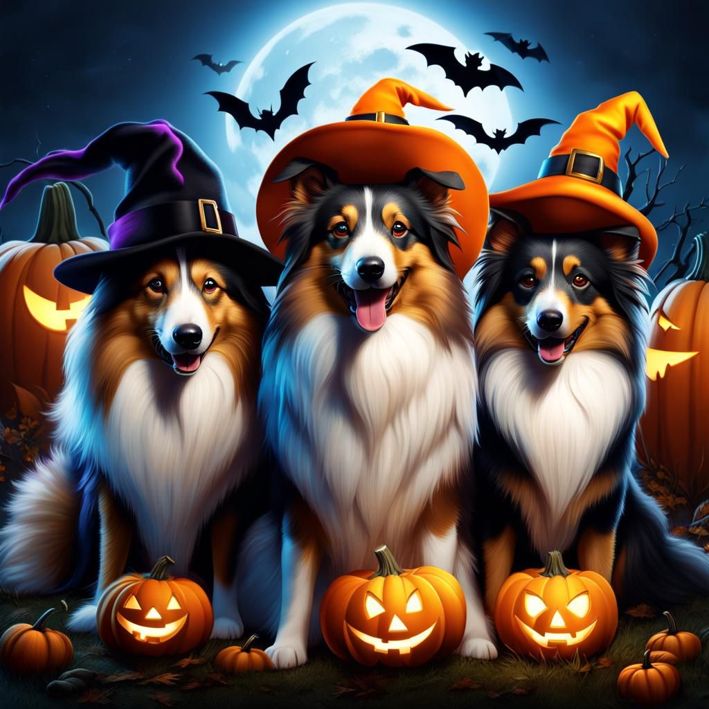 Shetland Sheepdogs Celebrate Halloween: Detailed Digital Pai...