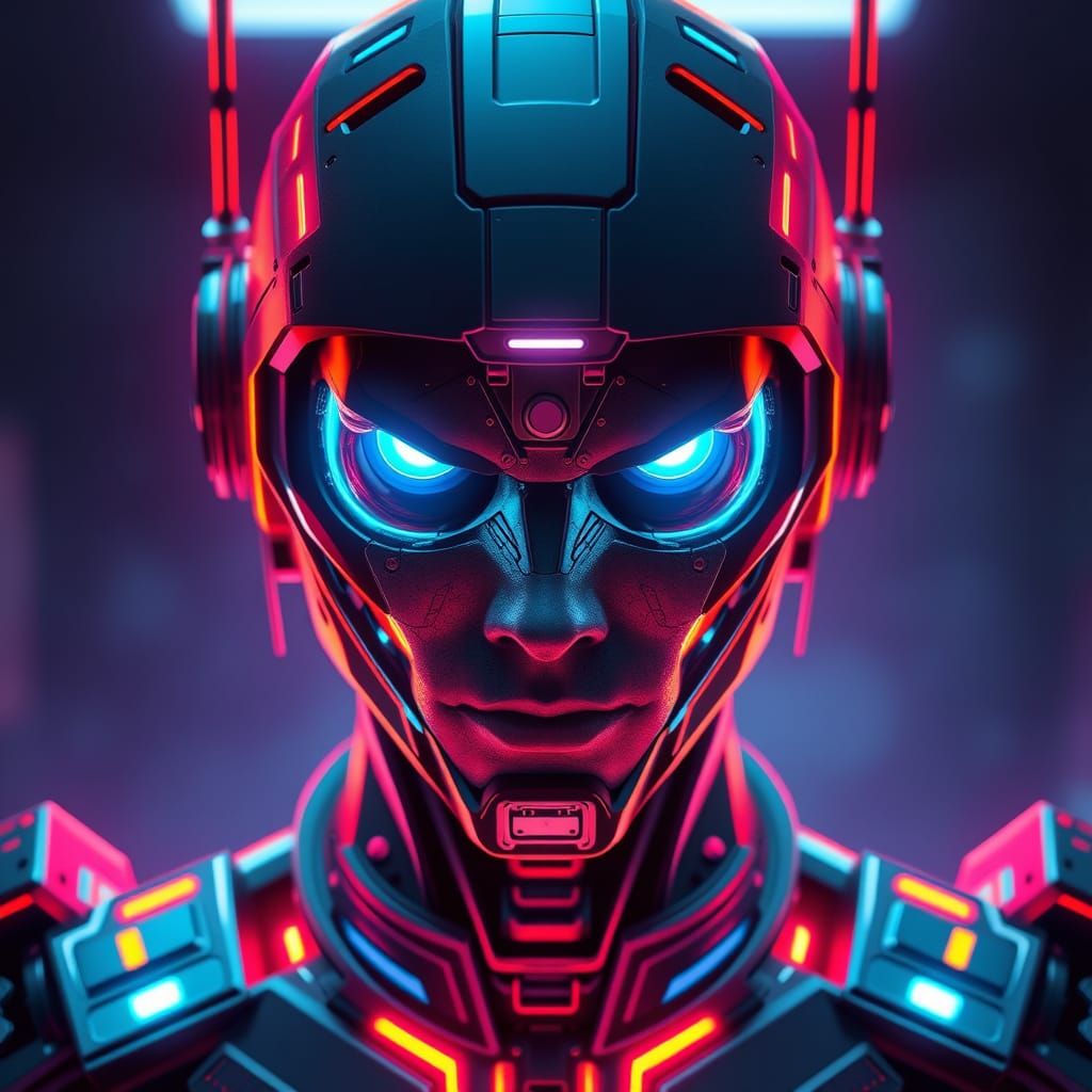 Bioluminescent Cyborg with Glowing Eyes in Synthwave Style