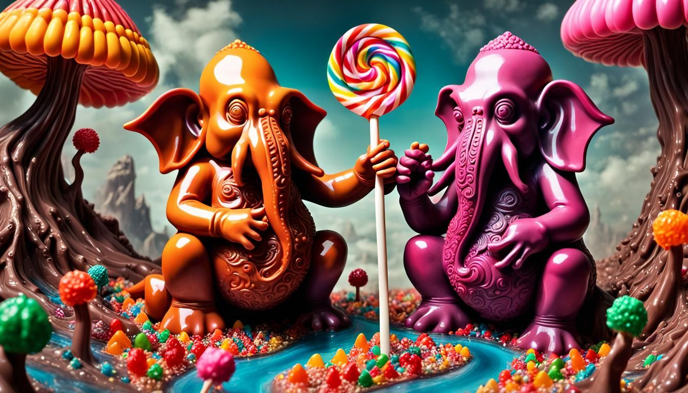 Gummy Cthulhu and Gummy Ganesh share a big Lollipop in a fractal Candyland