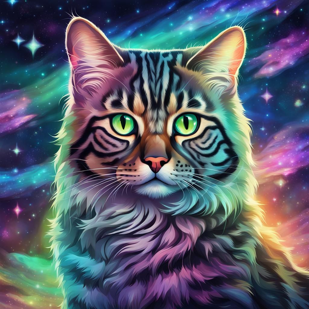 Anime Bengal Cat with Northern Lights Background