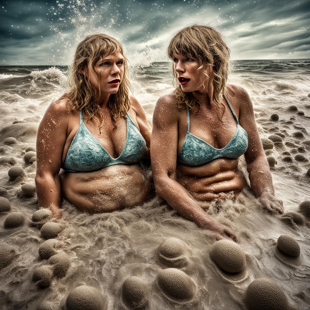 Playful Flour Fight: Two Women in Bikinis