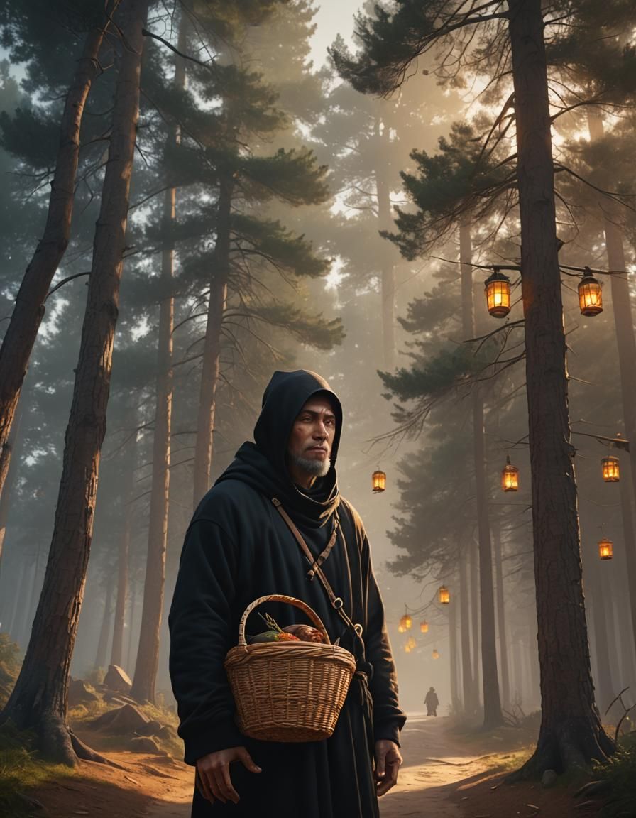 Monk Ascending to Orthodox Monastery in Golden Light