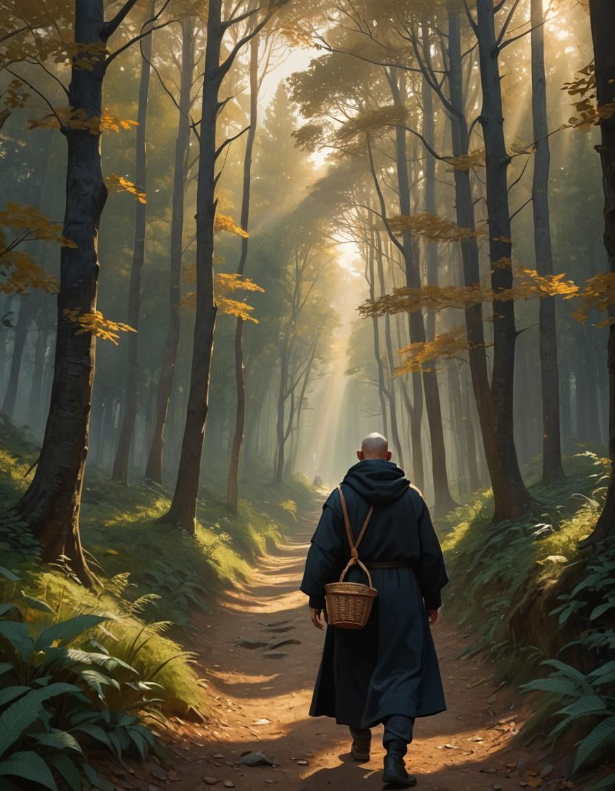Monk Ascending Forest Path in Greg Rutkowski Style