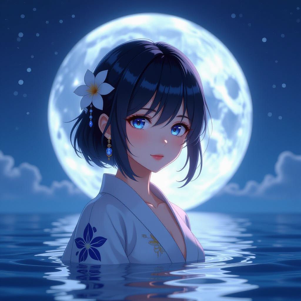 Anime Style Moon Over Ocean Landscape