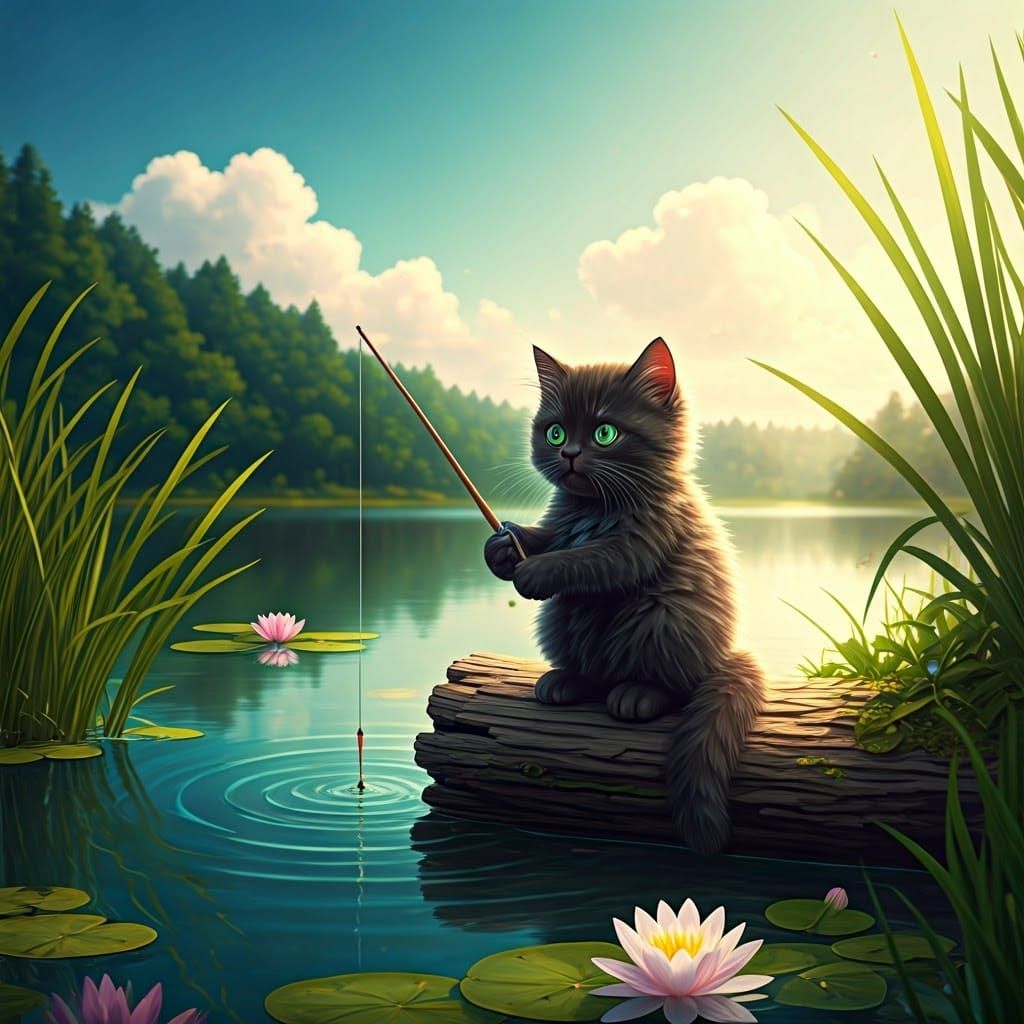 Whimsical Black Kitten Fishing in a Serene Lake Scene