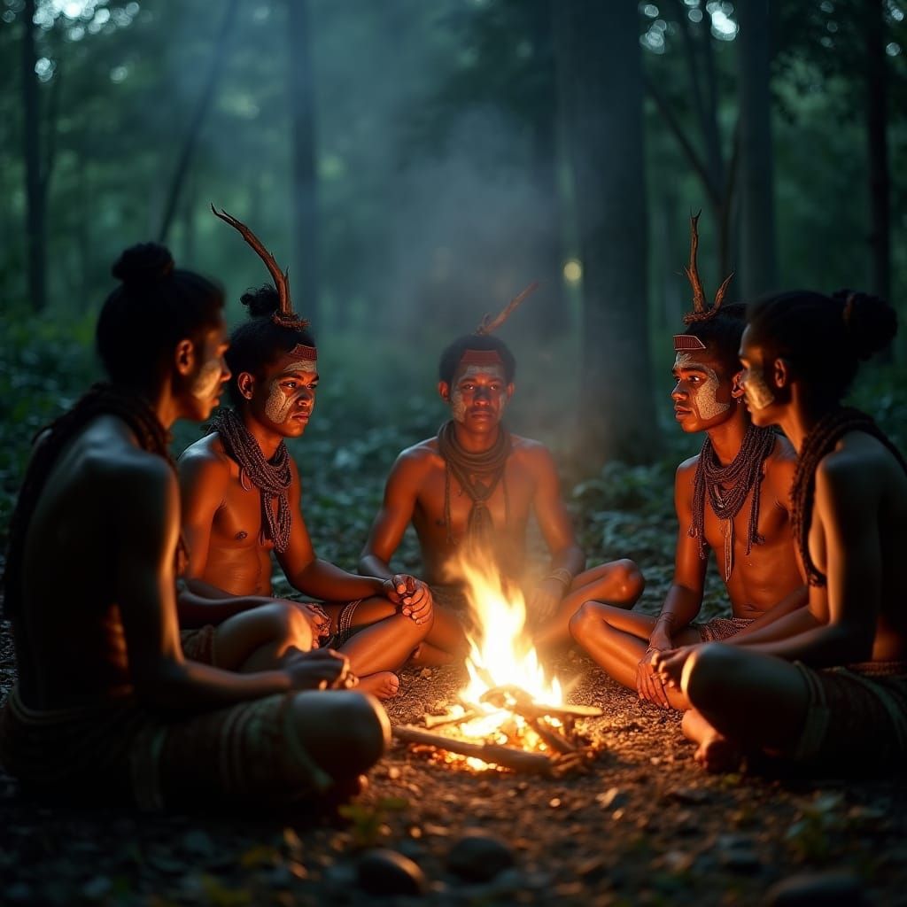 Suami Warriors Gather 'Round a Glowing Campfire in Papua New...