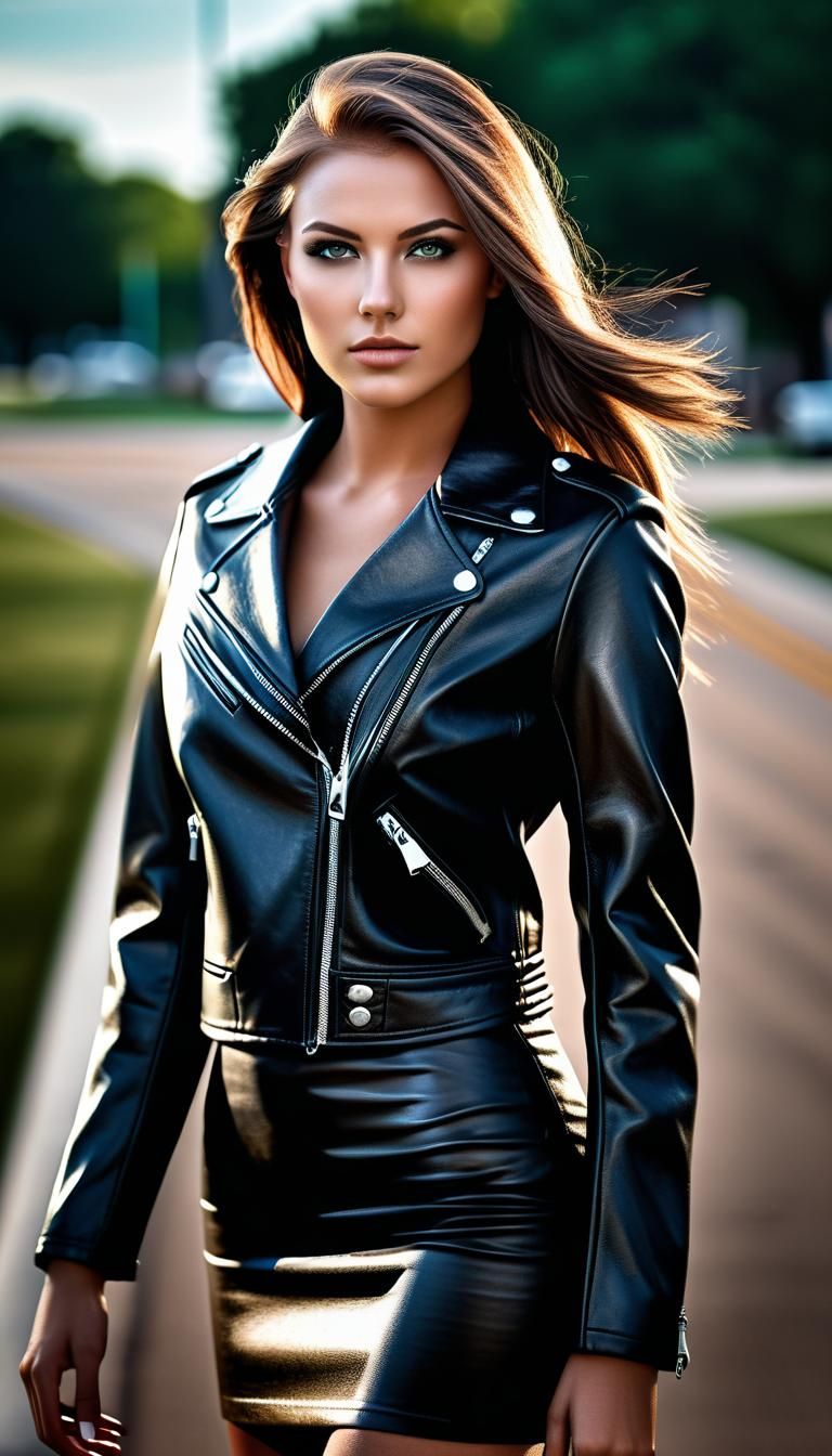 Leather-Clad Woman in Hyperrealistic St. Louis Landscape