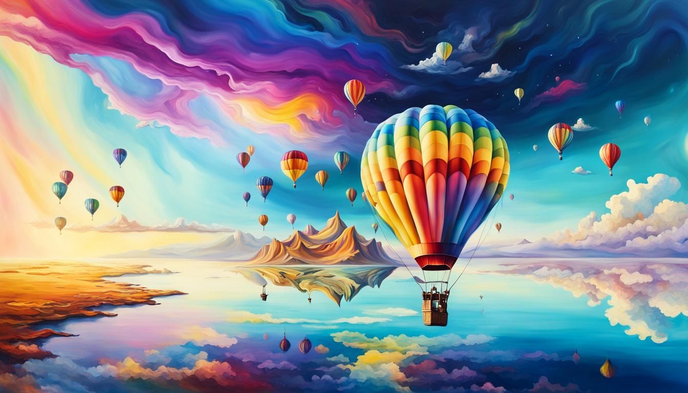 Surreal Hot Air Balloons Over Upside-Down Seascape