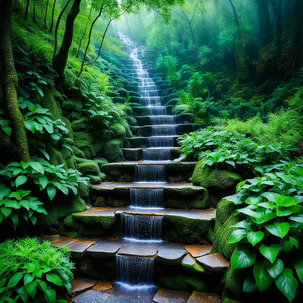Cascading Stone Waterfall Staircase in Lush Mountain