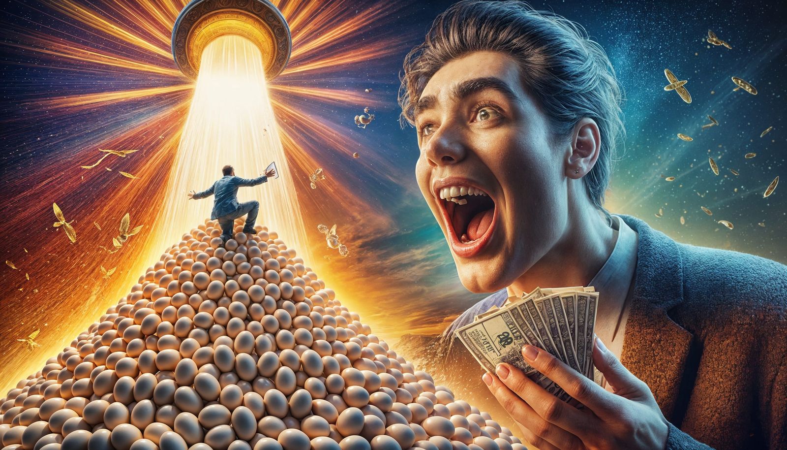 Hyperrealistic Winner Surprised by Egg Mountain Grand Prize