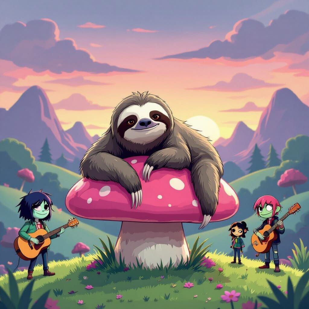 Sloth and Gorillaz on Melancholy Hill in Illustrative Style