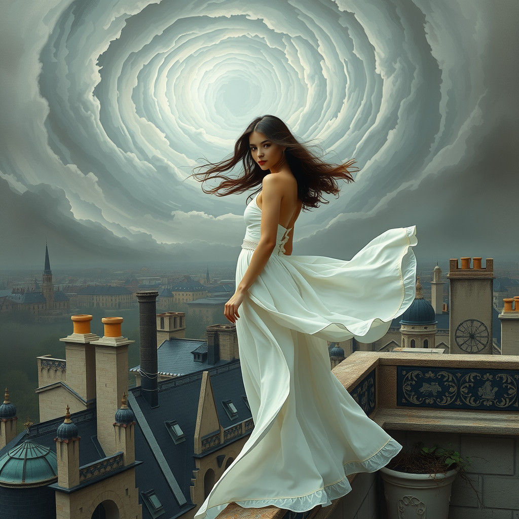 Woman Overlooking Cityscape in Surrealist Style